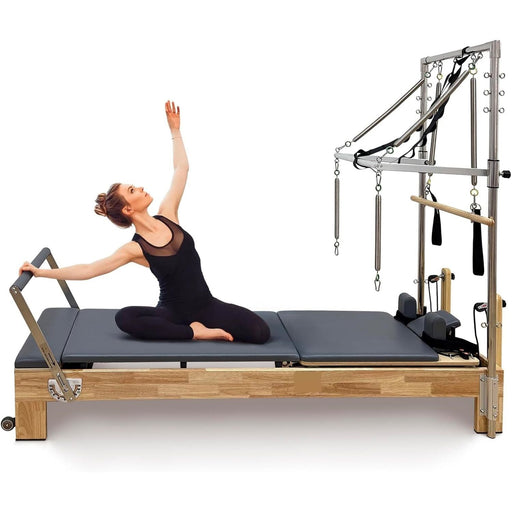 Wooden Pilates Reformer with Tower, Springs & Box (Oak) for Home & Studio